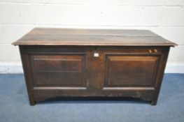 A GEORGIAN OAK PANELLED COFFER, with a hinged lid, width 126cm x depth 55cm x height 62cm (condition