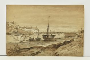 A LATE 19TH CENTURY UNSIGNED COASTAL LANDSCAPE, depicting boats on the shoreline at low tide, pencil