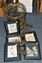 A BOX AND LOOSE BIRD CAGE, LOUIS WAIN PRINTS AND CAST IRON HOOKS, comprising a brass bird cage