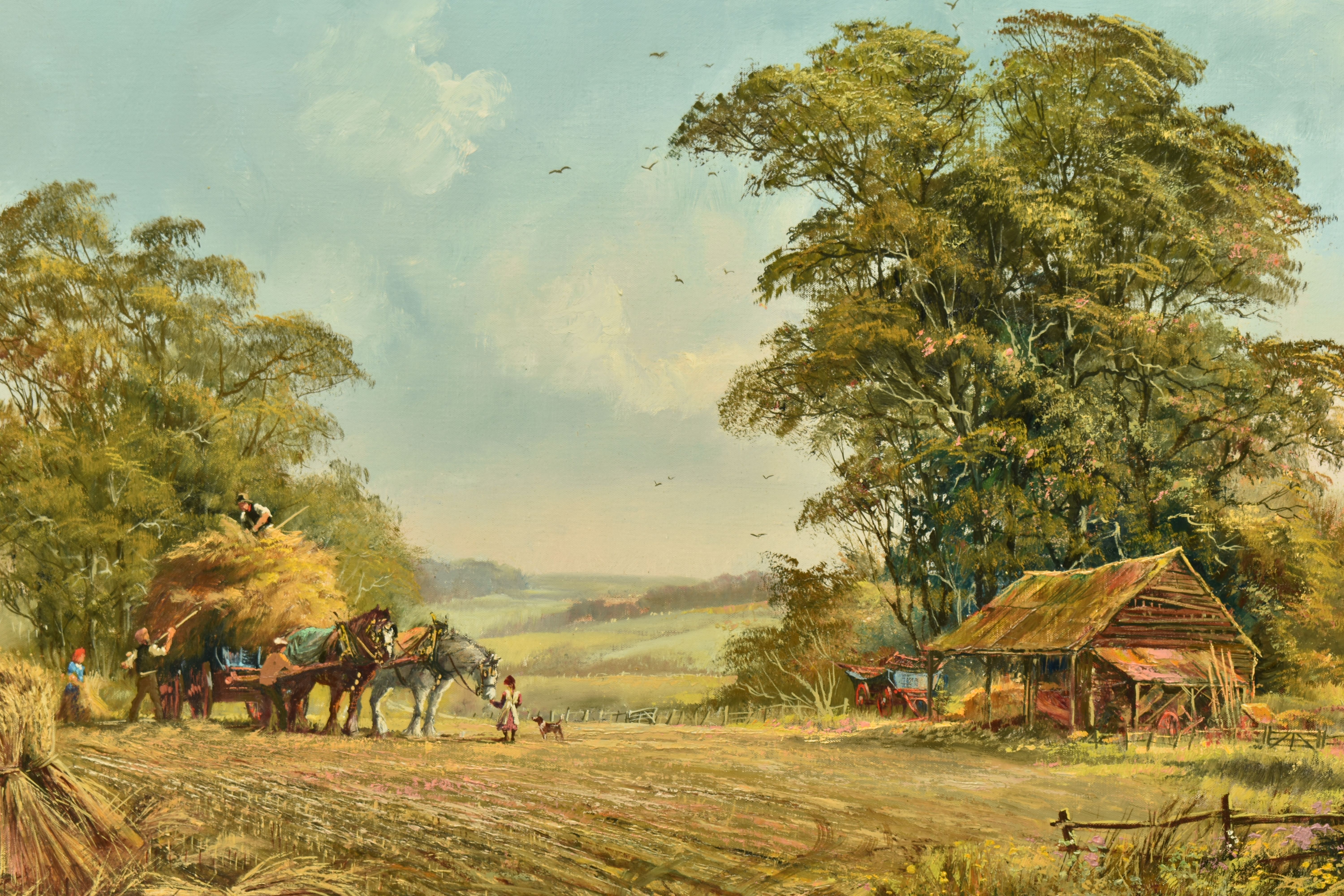 DON VAUGHAN (BRITISH 1916-??) A NOSTALGIC STYLE ENGLISH SCHOOL HARVEST SCENE, depicting figures - Image 2 of 9