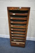 A DURRANT OFFICE FURNITURE OAK TAMBOUR FRONT CABINET, with nine internal slides, width 47cm x