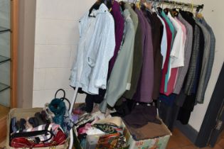 A QUANTITY OF LADIES' CLOTHING AND ACCESORIES, to include six men's checked jackets, a quantity of