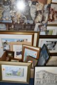 A SELECTION OF DECORATIVE PICTURES ETC, to include an unsigned early 20th century style landscape