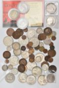A SMALL BOX OF MIXED COINS, to include a Lion King Disney commemorative coin in sealed capsule, a