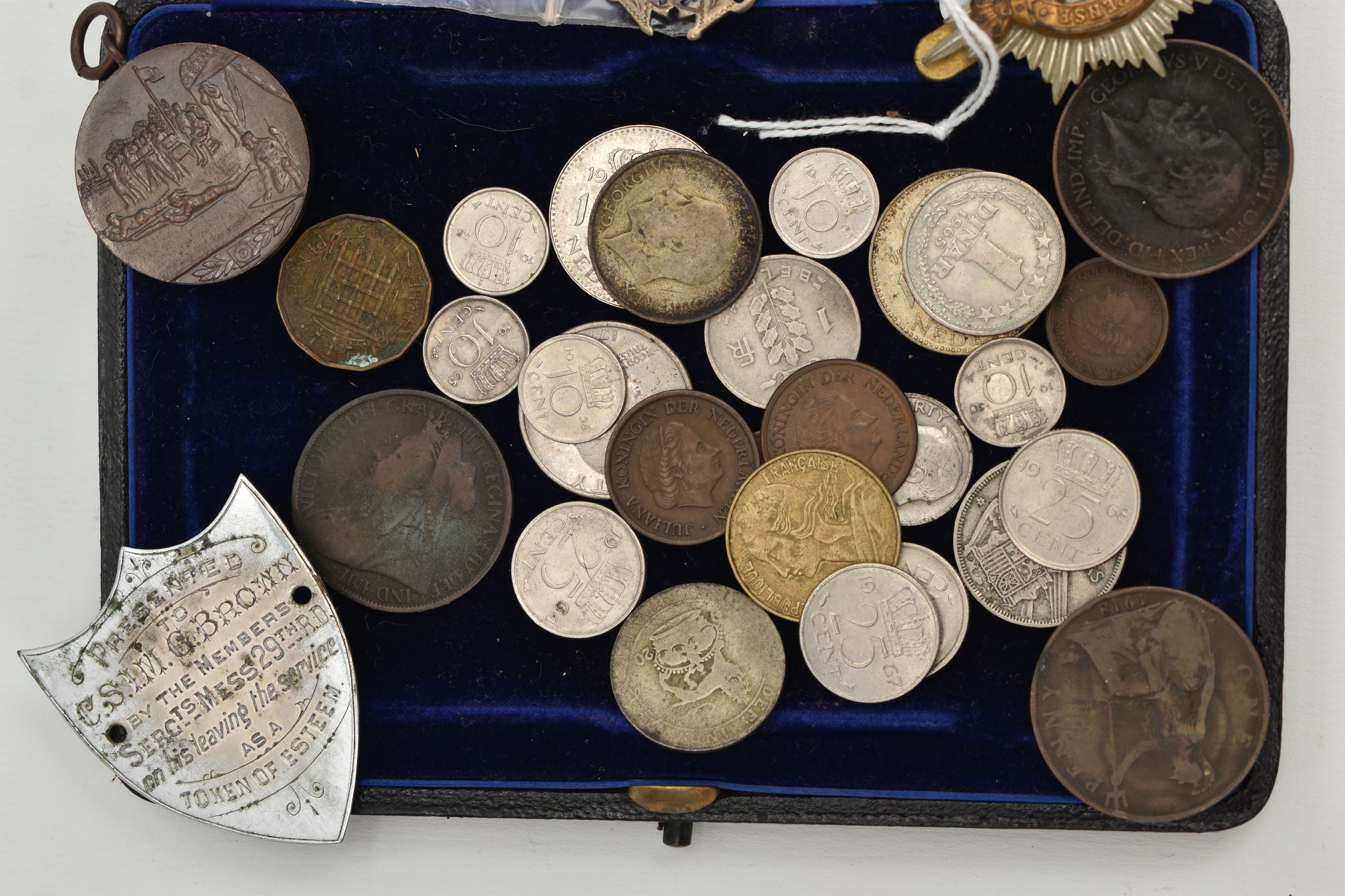 A SMALL ASSORTMENT OF MEDALS AND COINS, to include three silver and yellow metal medals, each - Image 2 of 3