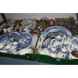 SEVEN BOXES AND LOOSE CERAMICS AND GLASS WARES, to include a quantity of Willow Pattern and other