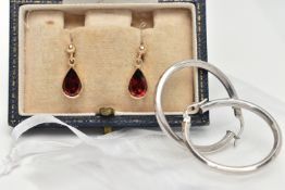 TWO PAIRS OF EARRINGS, to include a cased pair of modern pear cut garnet drop earrings, yellow