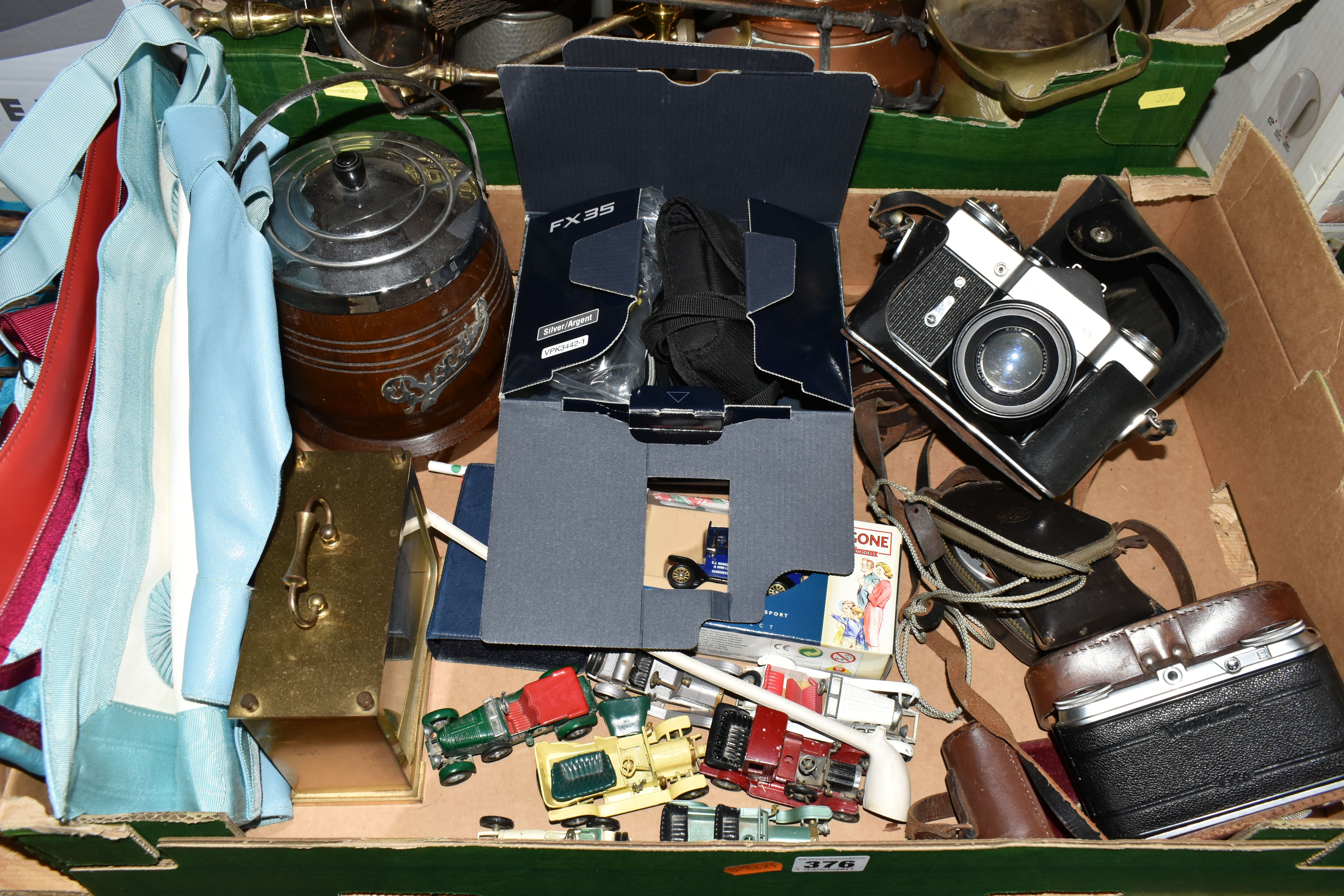 THREE BOXES AND LOOSE METAL WARES, CAMERAS AND SUNDRY ITEMS, to include a Zenit-B camera fitted with - Image 2 of 8