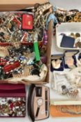 A BOX OF ASSORTED COSTUME JEWELLERY, to include assorted beaded necklaces, clip on earrings, pierced