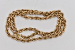 A 9CT GOLD ROPE TWIST CHAIN, fitted with a spring clasp, hallmarked 9ct London import, length 480mm,