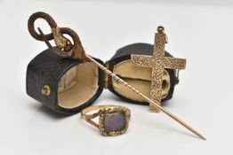 THREE ITEMS OF JEWELLERY, to include an early Victorian yellow metal mourning ring, of a square form
