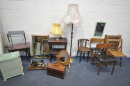 A LARGE SELECTION OF OCCASIONAL FURNITURE, to include a rectangular gilt frame bevelled edge wall