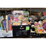 FOUR BOXES OF VINTAGE DOLLS, BOARD GAMES AND SOFT TOYS, to include a H. J. Nash handmade bear, a
