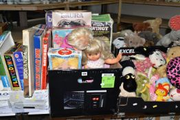 FOUR BOXES OF VINTAGE DOLLS, BOARD GAMES AND SOFT TOYS, to include a H. J. Nash handmade bear, a