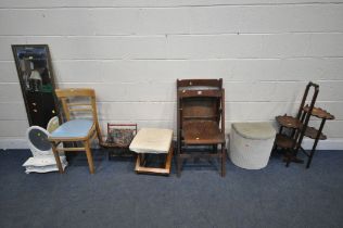 A SELECTION OF OCCASIONAL FURNITURE, to include two folding chairs, a folding cake stand, a white