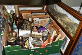 TWO BOXES AND LOOSE PICTURES, METALWARES, AND SUNDRY HOUSEHOLD ITEMS, to include three early
