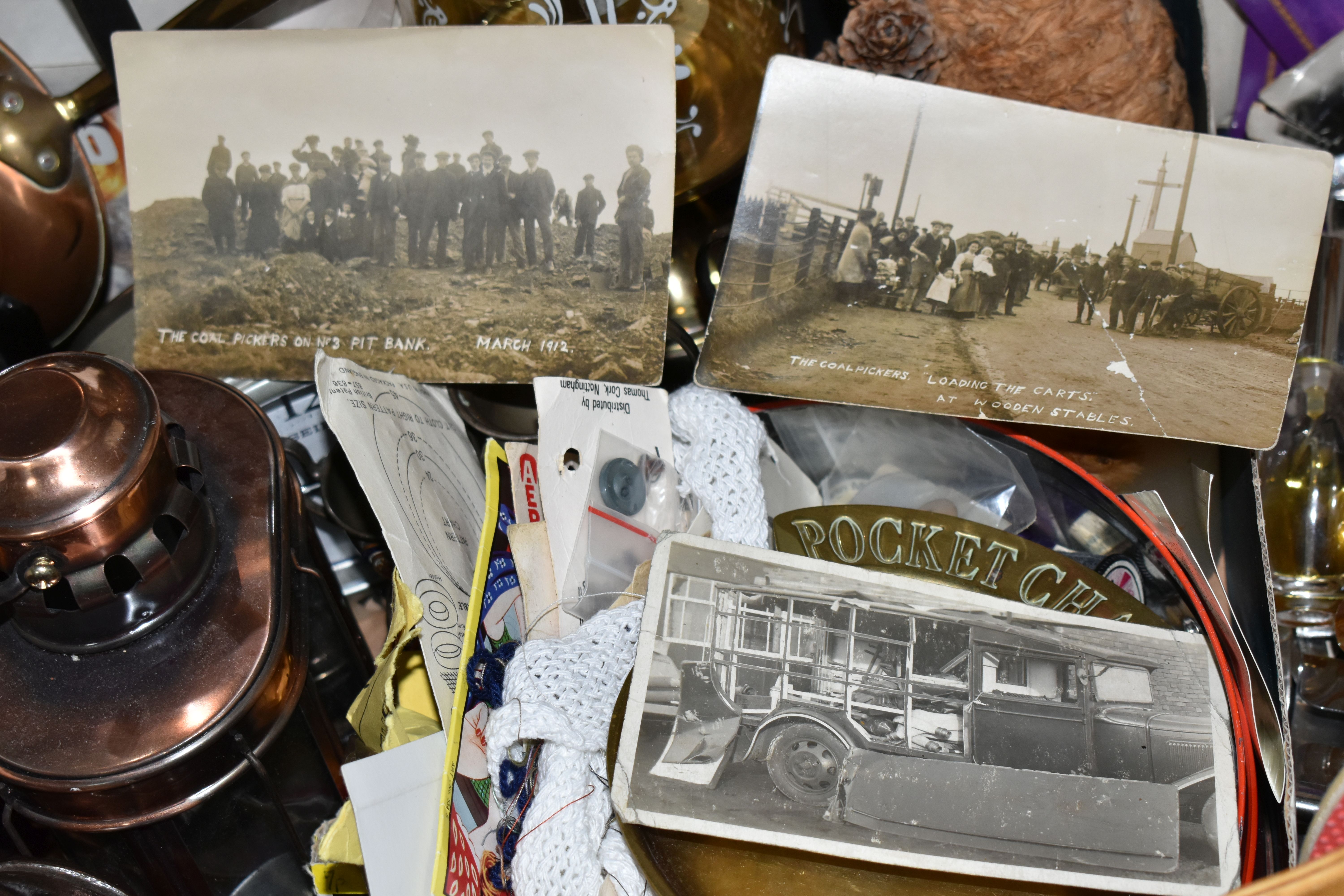 TWO BOXES AND LOOSE PICTURES, METALWARES, AND SUNDRY HOUSEHOLD ITEMS, to include three early - Image 2 of 4