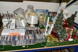 THREE BOXES AND LOOSE TABLE LAMPS, SEWING MACHINE, CDS, DVDS, CHRISTMAS DECORATIONS AND SUNDRY