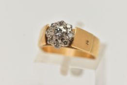 A 22CT GOLD DIAMOND CLUSTER RING, a round brilliant cut diamond, set with a halo of eight single cut