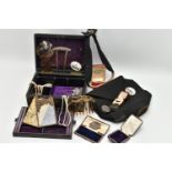 A JEWELLERY BOX WITH CONTENTS AND OTHER ITEMS, black multi storage jewellery box, with contents to