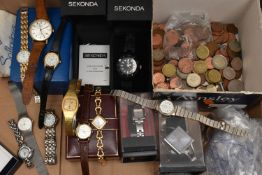A BOX OF ASSORTED WRISTWATCHES, to include a gents gold plated 'Sekonda' quartz, fitted with a tan