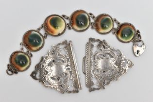 A LATE VICTORIAN SILVER NURSES BELT AND A BRACELET, foliage open work pattern, with vacant