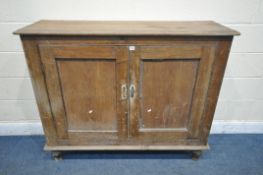 A VICTORIAN PINE TWO DOOR CUPBOARD, with two shelves, on turned feet, width 133cm x depth 40cm x