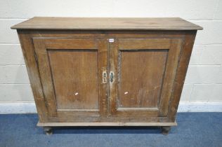 A VICTORIAN PINE TWO DOOR CUPBOARD, with two shelves, on turned feet, width 133cm x depth 40cm x