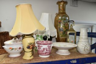 A GROUP OF LAMPS, LANTERN, VASE AND OTHER LARGE CERAMICS, to include an Aynsley Orchard Gold table