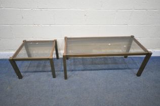 A MID-CENTURY BRASS RECTANGULAR COFFEE TABLE, with smoked glass insert, length 113cm x depth 51cm