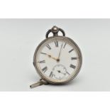 A LATE VICTORIAN SILVER OPEN FACE POCKET WATCH, key wound, round white dial, Roman numerals,