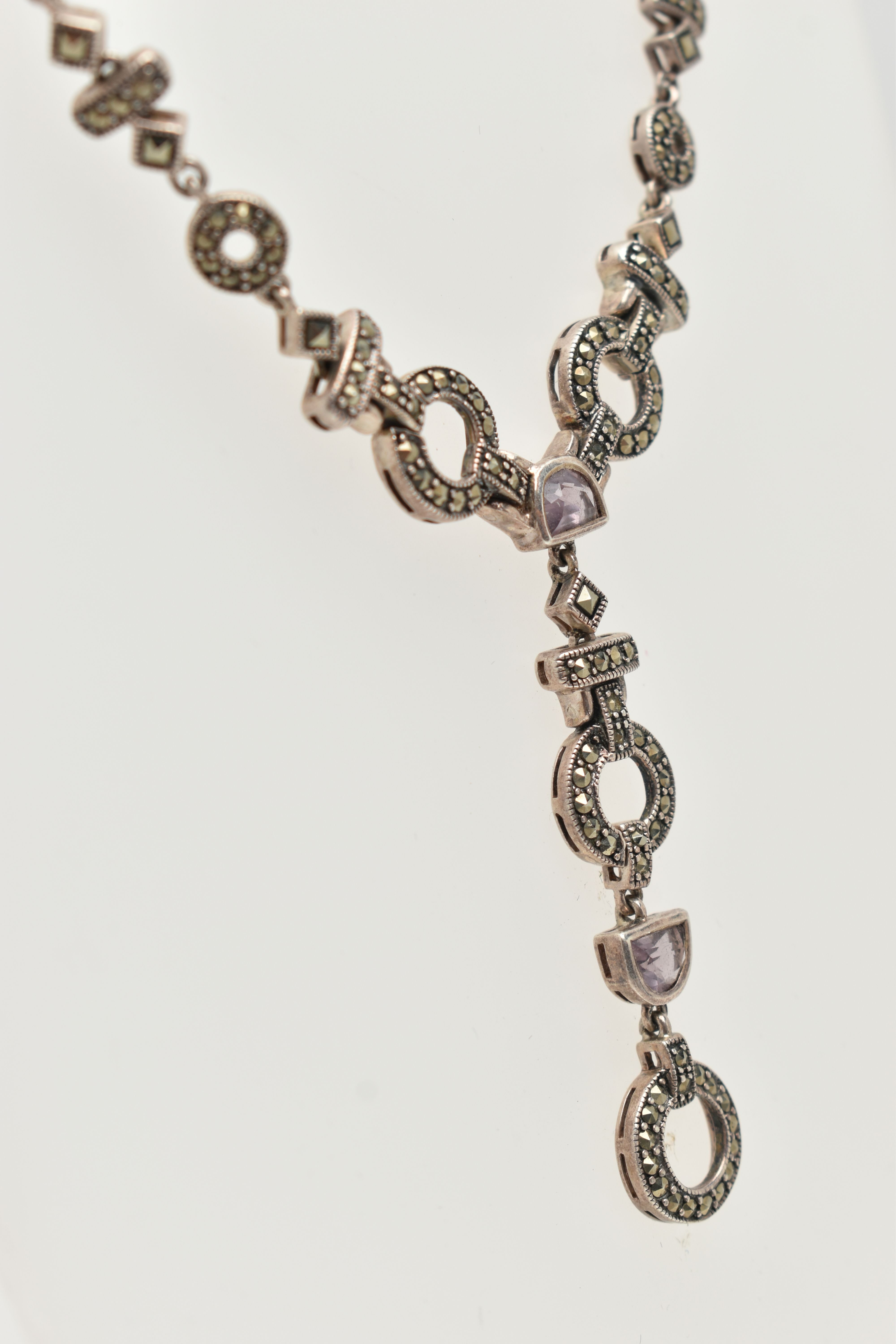 A MARCASITE AND AMETHYST NECKLACE, designed as circular, square and rectangular links joining at a - Image 5 of 5