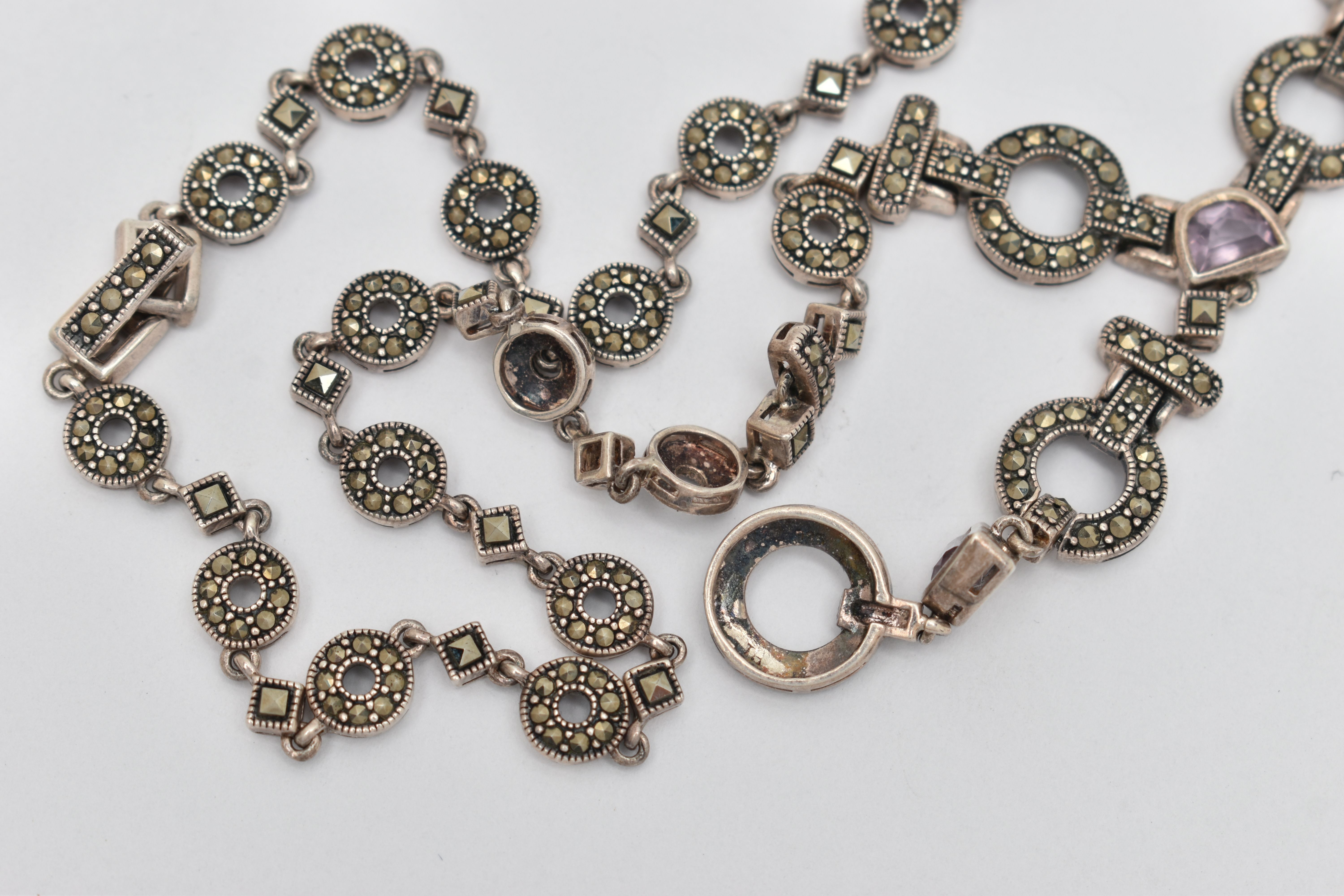 A MARCASITE AND AMETHYST NECKLACE, designed as circular, square and rectangular links joining at a - Image 3 of 5