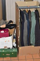 A COLLECTION OF MEN'S AND LADIES' CLOTHING AND ACCESORIES, to include eight jackets, a pair of men's