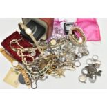 A SELECTION OF SILVER AND WHITE METAL JEWELLERY AND COSTUME JEWELLERY, to include a marcasite rose