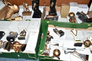 FOUR BOXES AND LOOSE ASSORTED BLANK FOOTBALL TROPHIES, comprising of resin and glass examples,