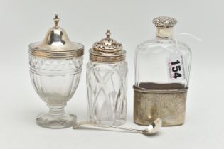 THREE ITEMS OF GLASS AND SILVERWARE, to include a late Victorian glass hip flask with cup base,