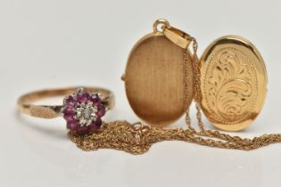 A 9CT GOLD RING AND LOCKET, the first a diamond and ruby cluster ring, ring size Q, the second an