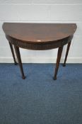 AN EDWARDIAN MAHOGANY DEMI LINE CONSOLE TABLE, with square tapered legs, on spade feet, width