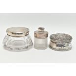 A SMALL ASSORTMENT OF SILVER, to include a silver lidded glass perfume bottle, hallmarked 'Cornelius