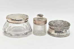 A SMALL ASSORTMENT OF SILVER, to include a silver lidded glass perfume bottle, hallmarked 'Cornelius