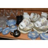 A GROUP OF CERAMICS AND GLASS WARE, to include eleven pieces of pale blue Wedgwood Jasperware, a