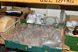 FIVE BOXES OF CERAMICS AND GLASSWARE, to include Churchill dinnerware, cutlery, drinking glasses,
