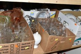 NINE BOXES OF GLASSWARE AND KITCHENWARE, to include an Avon lidded egg shaped milk glass pot,
