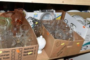 NINE BOXES OF GLASSWARE AND KITCHENWARE, to include an Avon lidded egg shaped milk glass pot,