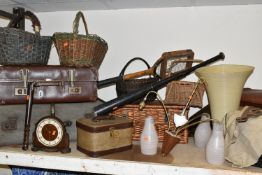 A LARGE QUANTITY OF WICKER BASKETS AND SUNDRIES, comprising a mid-century three arm brass and teak