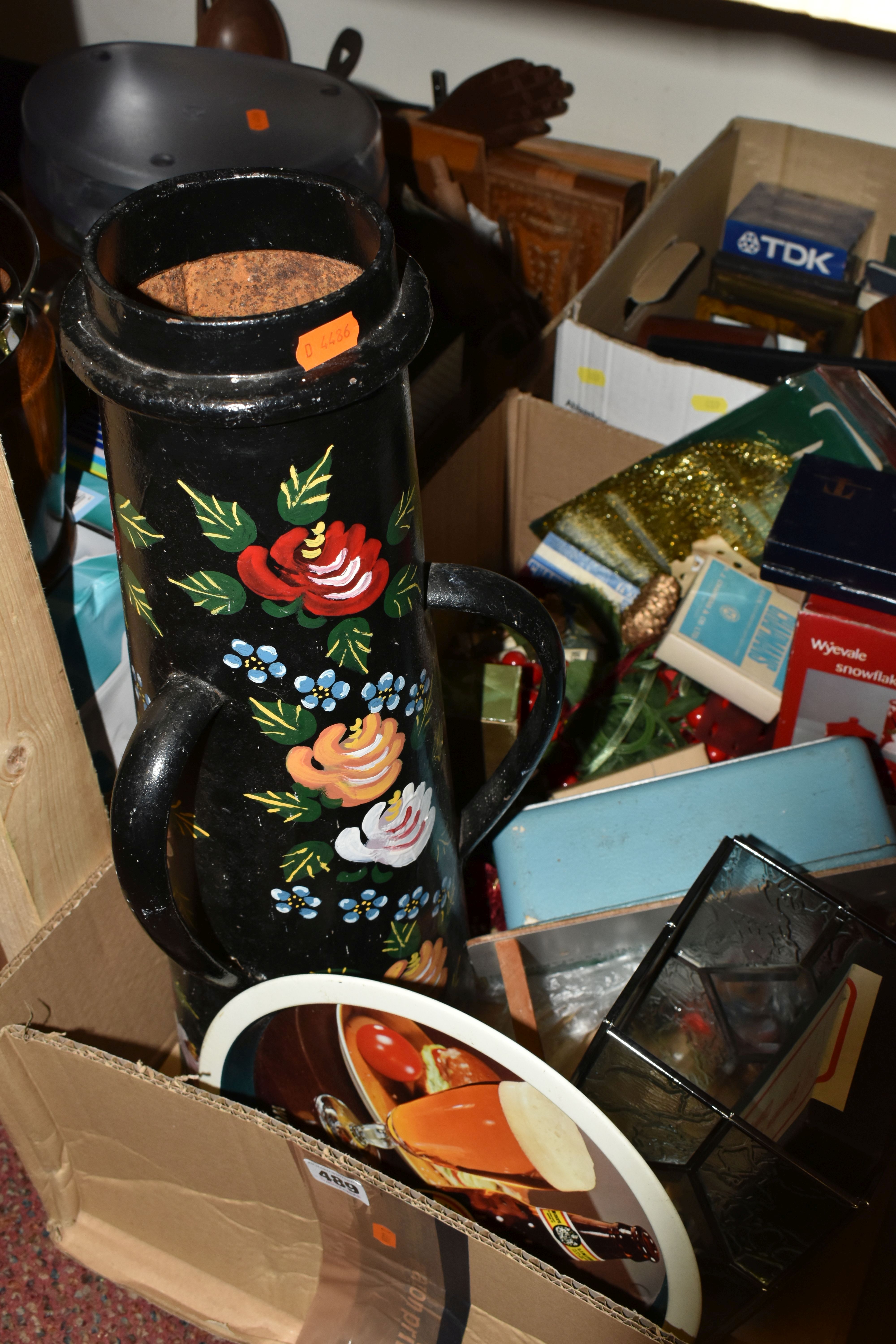 FOUR BOXES OF MISCELLANEOUS SUNDRIES, to include a hand painted three handled 'Barge Ware' jug/ - Image 2 of 8