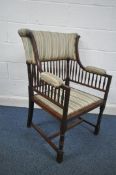 POSSIBLY EDITH GODWIN, A 20TH CENTURY MAHOGANY ELBOW CHAIR, with green and beige stripped