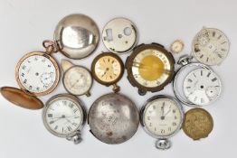 A BAG OF POCKET WATCHES, MOVEMENTS AND PARTS, to include two Ingersoll pocket watches, a gold plated