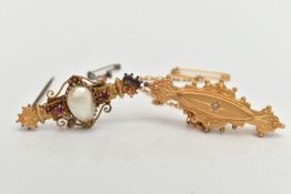 TWO 9CT GOLD BROOCHES, the first Etruscan brooch set with a central split baroque pearl, claw set